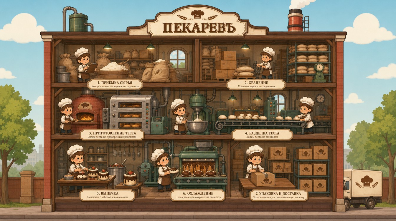 Разрез здания фабрики «Пекаревъ»: приёмка сырья, хранение, приготовление и разделка теста, выпечка, охлаждение, упаковка и доставка