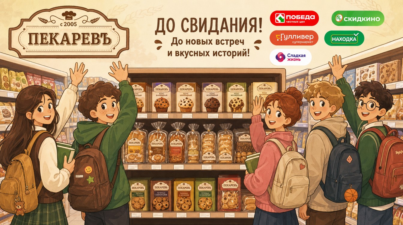 Покупатели машут на прощание у полок с продукцией «Пекаревъ»; логотипы сетей: Победа, Скидкино, Гулливер, Находка, Сладкая жизнь